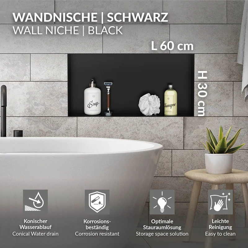 Duschnische 60x30 cm Schwarz aus Edelstahl Unterputz Rahmen Wandnische Duschablage LuxeBath