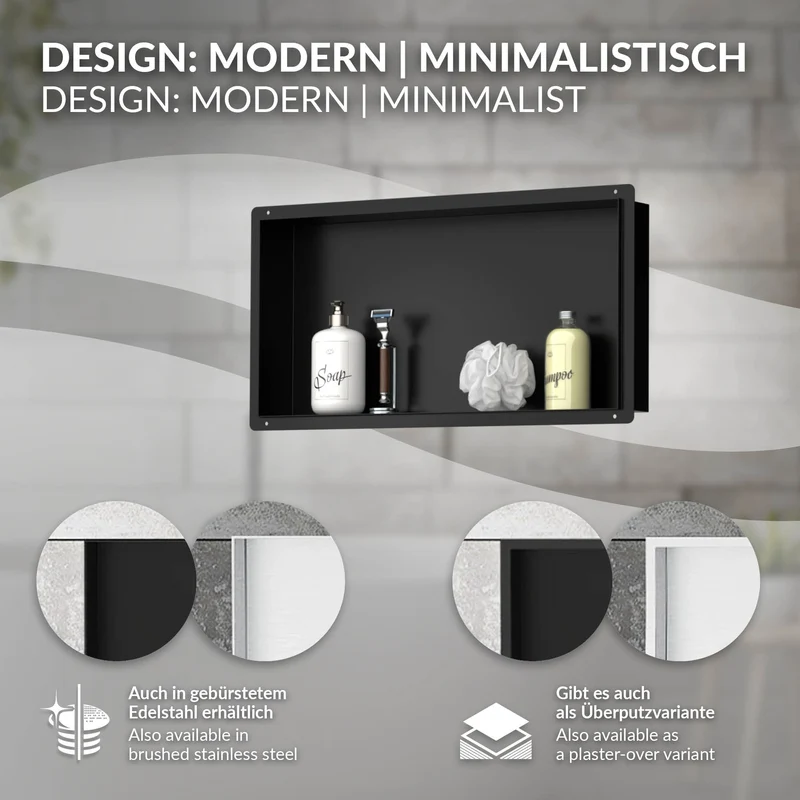 Duschnische 60x30 cm Schwarz aus Edelstahl Unterputz Rahmen Wandnische Duschablage LuxeBath