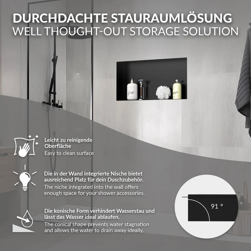 Duschnische 60x30 cm Schwarz aus Edelstahl Unterputz Rahmen Wandnische Duschablage LuxeBath