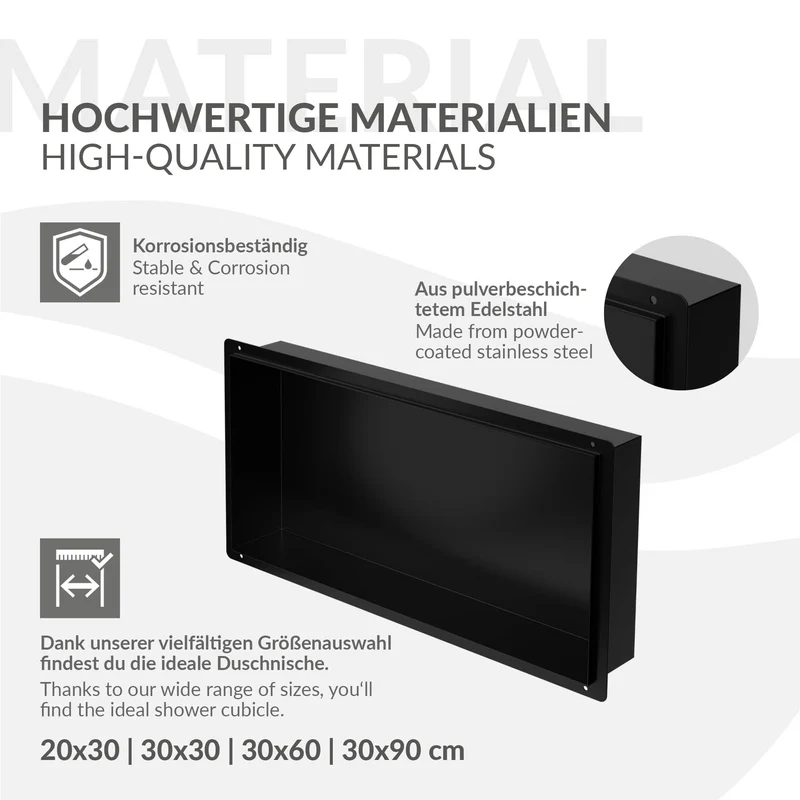Duschnische 60x30 cm Schwarz aus Edelstahl Unterputz Rahmen Wandnische Duschablage LuxeBath