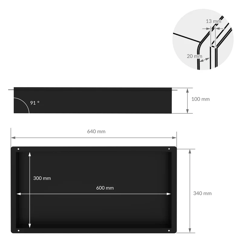 Duschnische 60x30 cm Schwarz aus Edelstahl Unterputz Rahmen Wandnische Duschablage LuxeBath