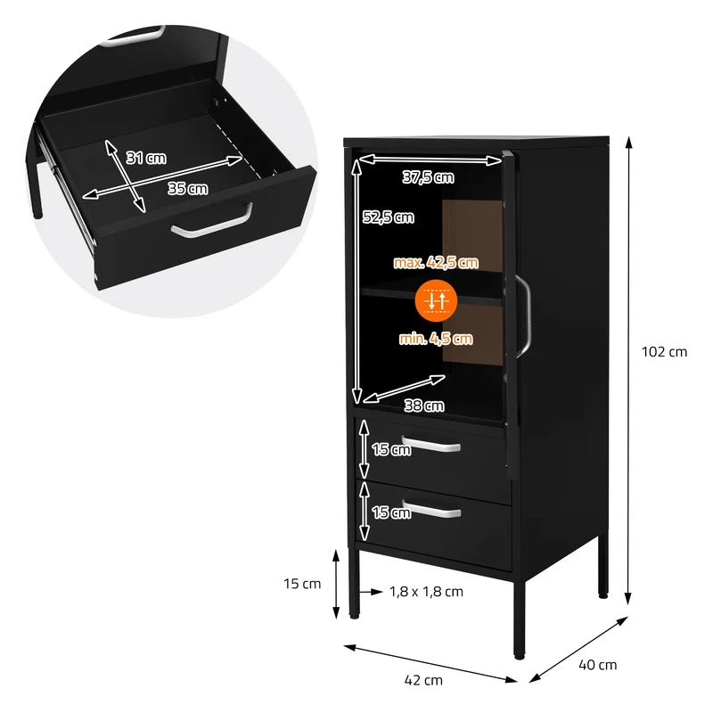 Vitrinenschrank 42x102x40 cm Schwarz aus Stahl Vitrine ML-Design