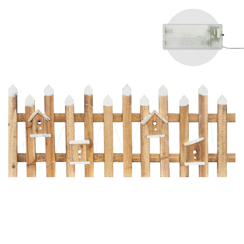 Deko Weihnachtszaun mit LED natur 98x39 cm aus Holz inkl. Vogelhäuschen