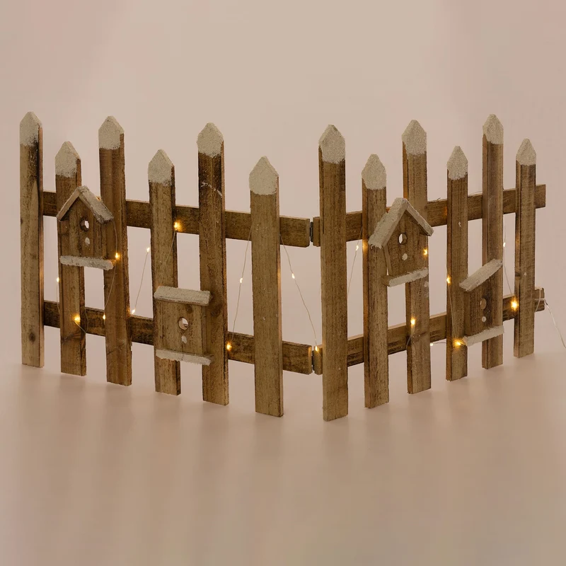 Deko Weihnachtszaun mit LED natur 98x39 cm aus Holz inkl. Vogelhäuschen