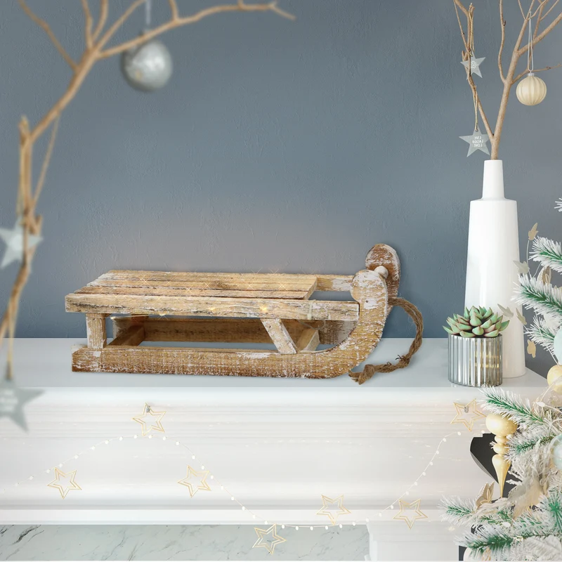 Weihnachtsdeko Schlitten mit 25 Warmweißen LEDs 31,5x14,5x10,5 cm Natur aus Holz