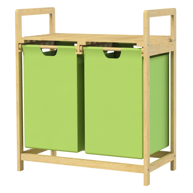 ML-DESIGN | Wäschekorb 2 Fächer 73x63x33 cm aus Bambus Grün Wäschesammler 2x30L Wäschesortierer mit Ablage Wäschebox für Badezimmer/Waschküche