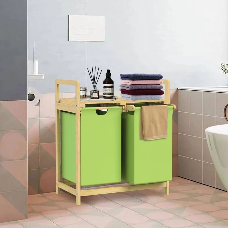 ML-DESIGN | Wäschekorb 2 Fächer 73x63x33 cm aus Bambus Grün Wäschesammler 2x30L Wäschesortierer mit Ablage Wäschebox für Badezimmer/Waschküche
