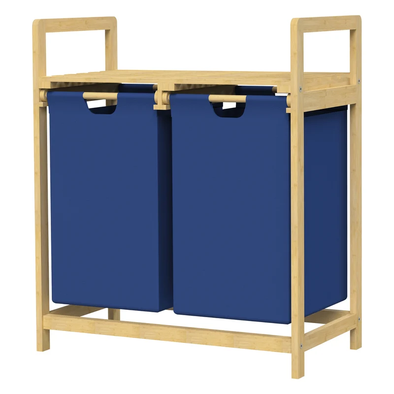 ML-DESIGN | Wäschekorb 2 Fächer 73x63x33 cm aus Bambus Dunkelblau Wäschesammler 2x30L Wäschesortierer mit Ablage Wäschebox für Badezimmer/Waschküche