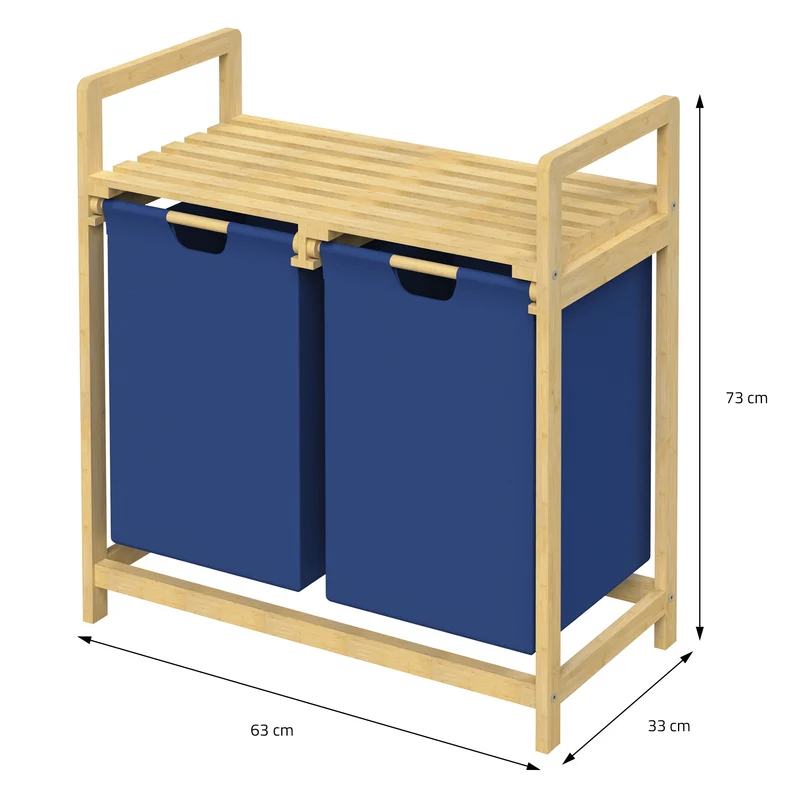 ML-DESIGN | Wäschekorb 2 Fächer 73x63x33 cm aus Bambus Dunkelblau Wäschesammler 2x30L Wäschesortierer mit Ablage Wäschebox für Badezimmer/Waschküche