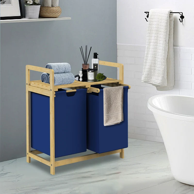 ML-DESIGN | Wäschekorb 2 Fächer 73x63x33 cm aus Bambus Dunkelblau Wäschesammler 2x30L Wäschesortierer mit Ablage Wäschebox für Badezimmer/Waschküche