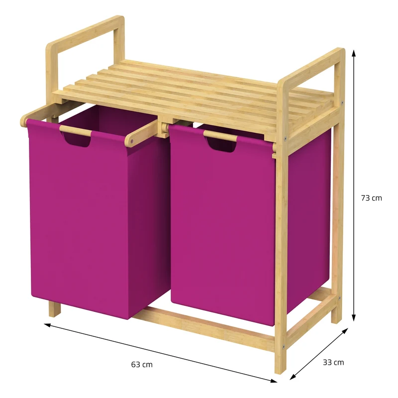 ML-DESIGN | Wäschekorb 2 Fächer 73x63x33 cm aus Bambus Magenta Wäschesammler 2x30L Wäschesortierer mit Ablage Wäschebox für Badezimmer/Waschküche