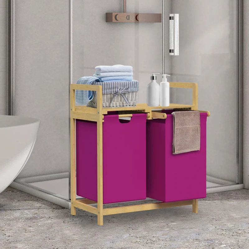 ML-DESIGN | Wäschekorb 2 Fächer 73x63x33 cm aus Bambus Magenta Wäschesammler 2x30L Wäschesortierer mit Ablage Wäschebox für Badezimmer/Waschküche