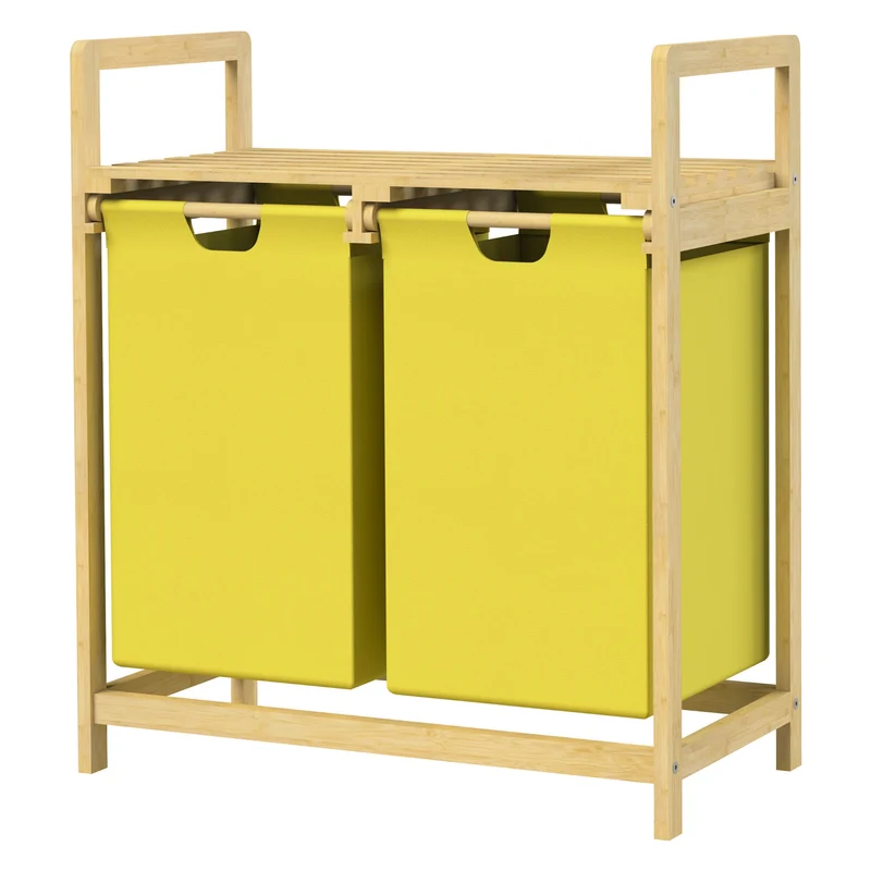 ML-DESIGN | Wäschekorb 2 Fächer 73x63x33 cm aus Bambus Gelb Wäschesammler 2x30L Wäschesortierer mit Ablage Wäschebox für Badezimmer/Waschküche