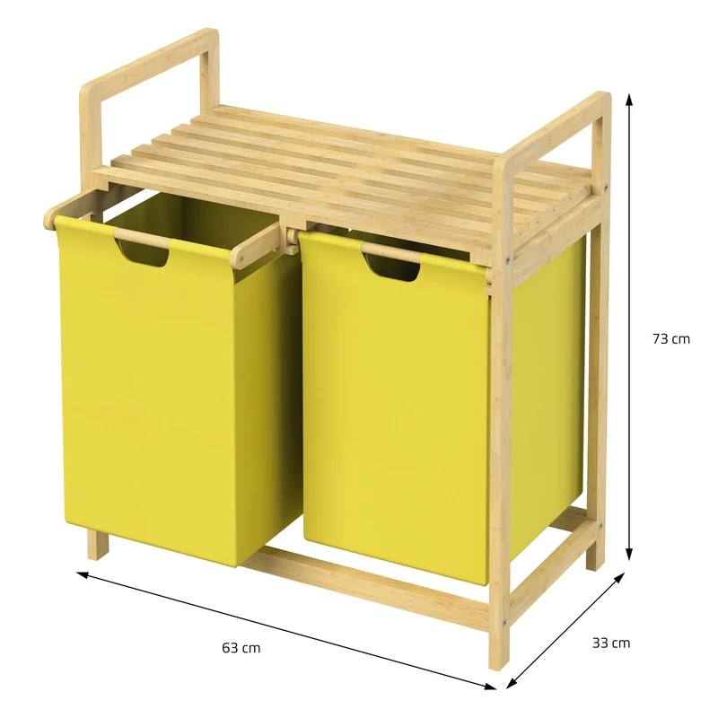 ML-DESIGN | Wäschekorb 2 Fächer 73x63x33 cm aus Bambus Gelb Wäschesammler 2x30L Wäschesortierer mit Ablage Wäschebox für Badezimmer/Waschküche
