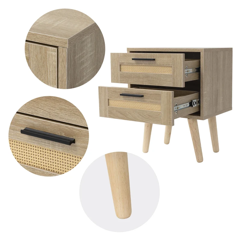 Nachttisch 40x50,5x30 cm Eiche-Optik Beistelltisch mit 2 Schubladen und Rattanfront & Massivholzfüßen ML-Design