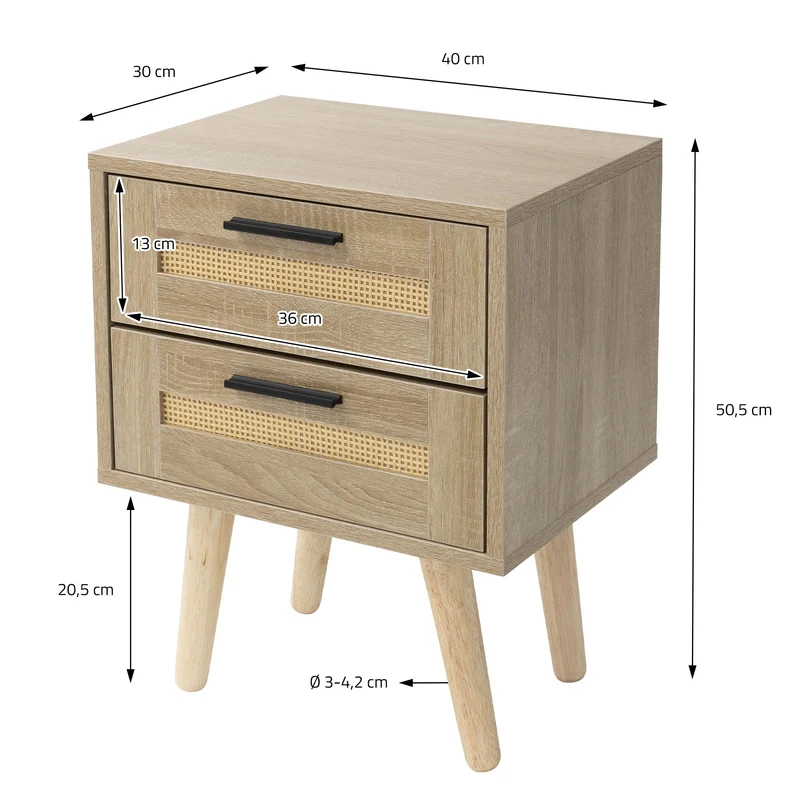 Nachttisch 40x50,5x30 cm Eiche-Optik Beistelltisch mit 2 Schubladen und Rattanfront & Massivholzfüßen ML-Design
