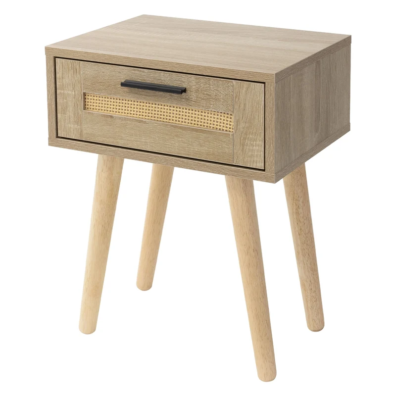 Nachttisch 40x50,5x30 cm Eiche-Optik Beistelltisch mit Rattanfront & Massivholzfüßen ML-Design