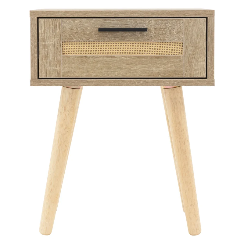 Nachttisch 40x50,5x30 cm Eiche-Optik Beistelltisch mit Rattanfront & Massivholzfüßen ML-Design