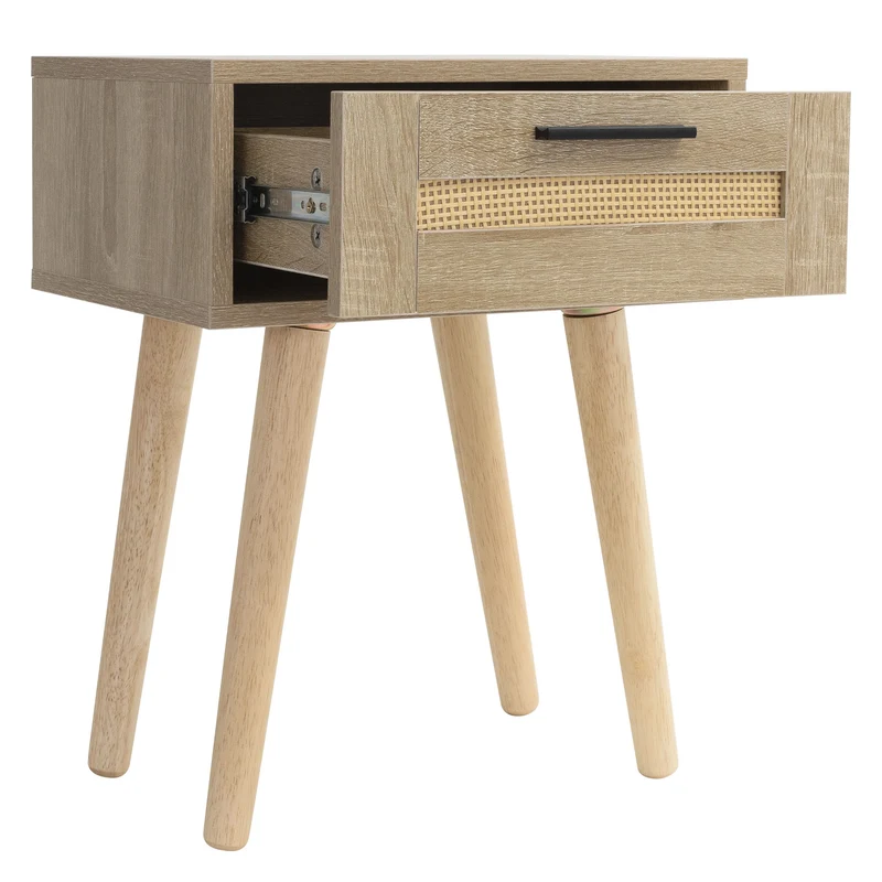 Nachttisch 40x50,5x30 cm Eiche-Optik Beistelltisch mit Rattanfront & Massivholzfüßen ML-Design