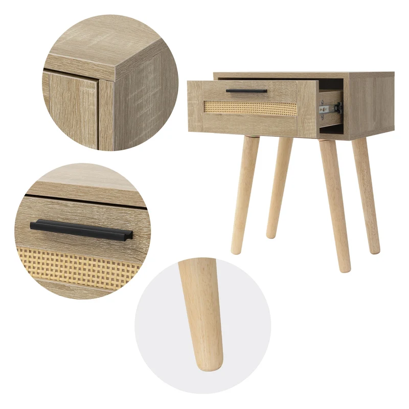 Nachttisch 40x50,5x30 cm Eiche-Optik Beistelltisch mit Rattanfront & Massivholzfüßen ML-Design