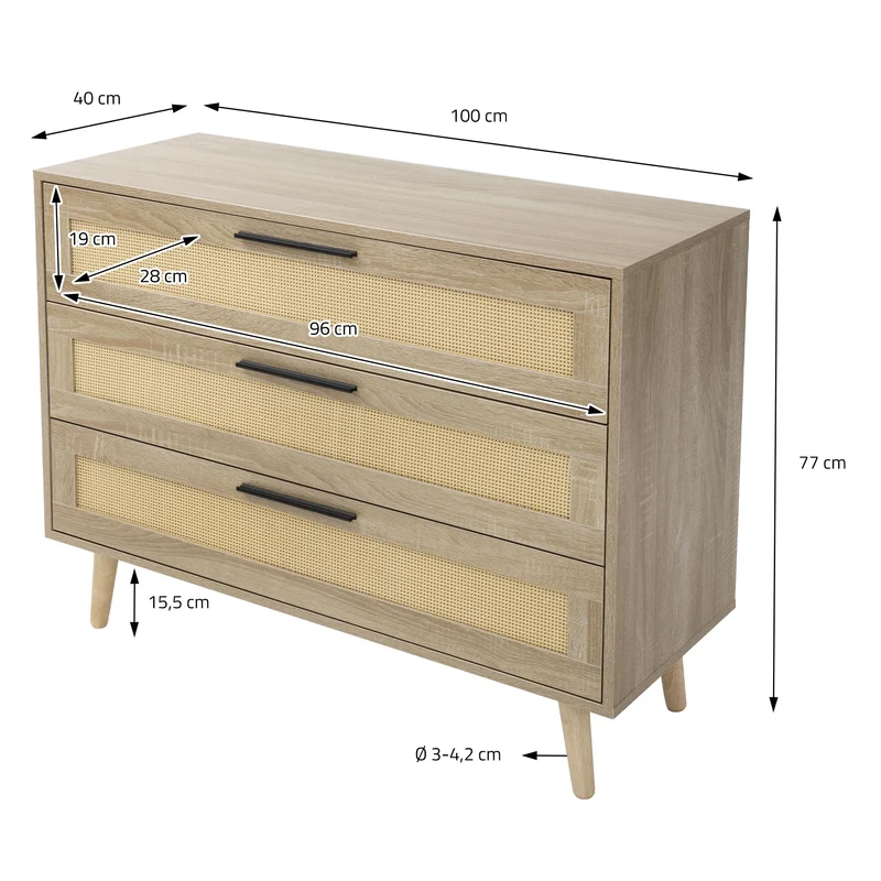 Kommode Sideboard mit 3 Schubladen 100x77x40 cm Eiche-Optik mit Rattanfront und Massivholzfüßen ML-Design