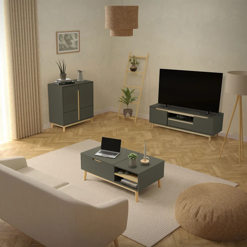 TV Lowboard Fernsehschrank 140x40 cm in mattgrün aus MDF & Kiefernholz ML-Design