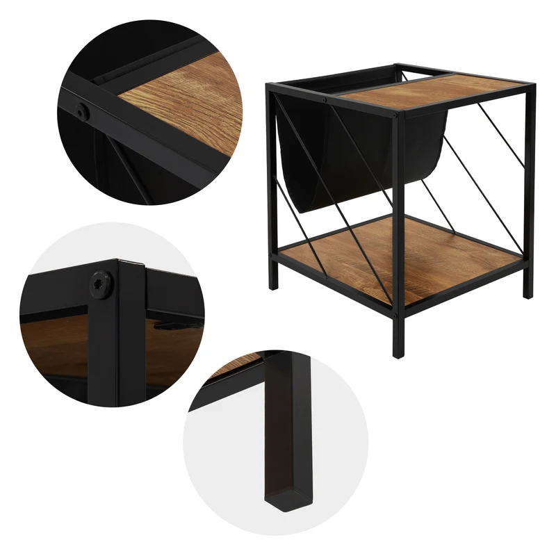 Beistelltisch 43x48 cm mit Zeitschriftenfach Eiche Optik Braun Schwarz mit Stahlgestell Wohnzimmertisch ML-Design