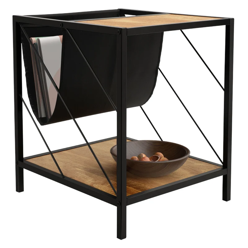 Beistelltisch 43x48 cm mit Zeitschriftenfach Eiche Optik Braun Schwarz mit Stahlgestell Wohnzimmertisch ML-Design