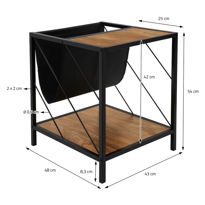 Beistelltisch 43x48 cm mit Zeitschriftenfach Eiche Optik Braun Schwarz mit Stahlgestell Wohnzimmertisch ML-Design