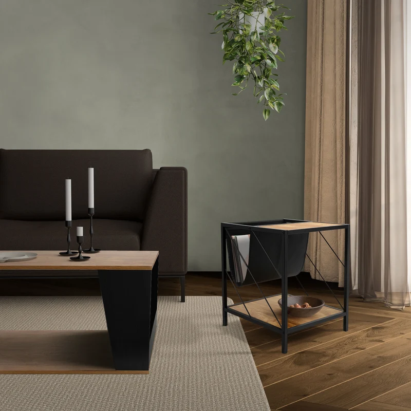 Beistelltisch 43x48 cm mit Zeitschriftenfach Eiche Optik Braun Schwarz mit Stahlgestell Wohnzimmertisch ML-Design
