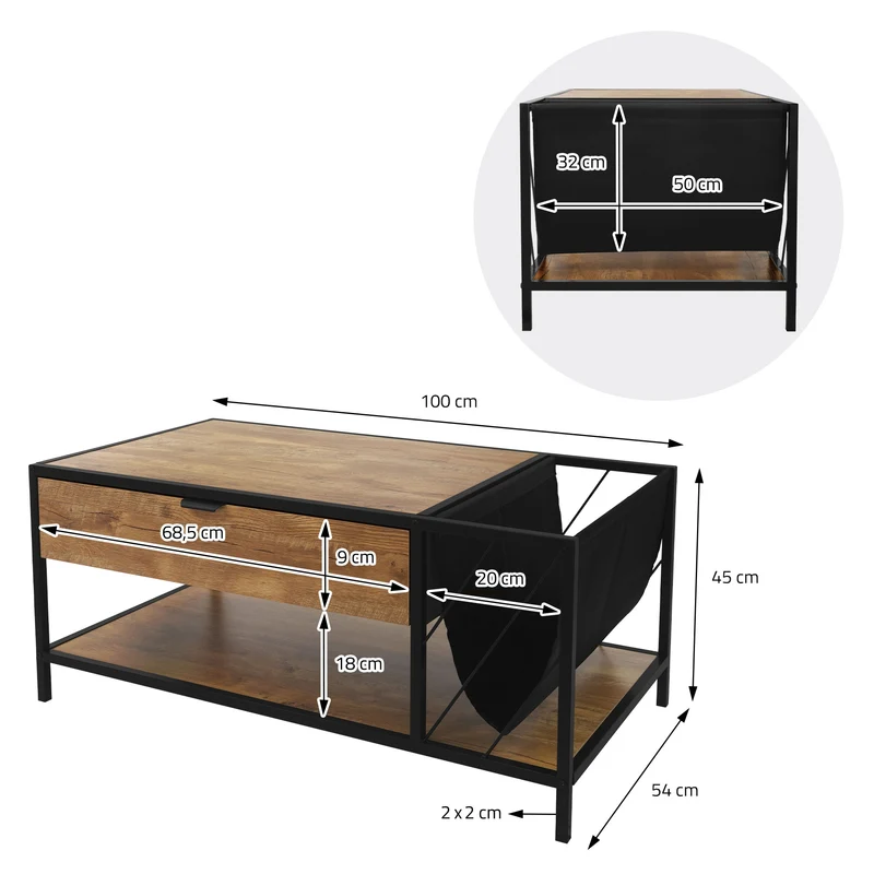 Couchtisch 100x54 cm mit Zeitschriftenfach Eiche Optik Braun Schwarz Wohnzimmertisch ML-Design
