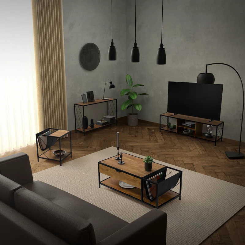 Couchtisch 100x54 cm mit Zeitschriftenfach Eiche Optik Braun Schwarz Wohnzimmertisch ML-Design