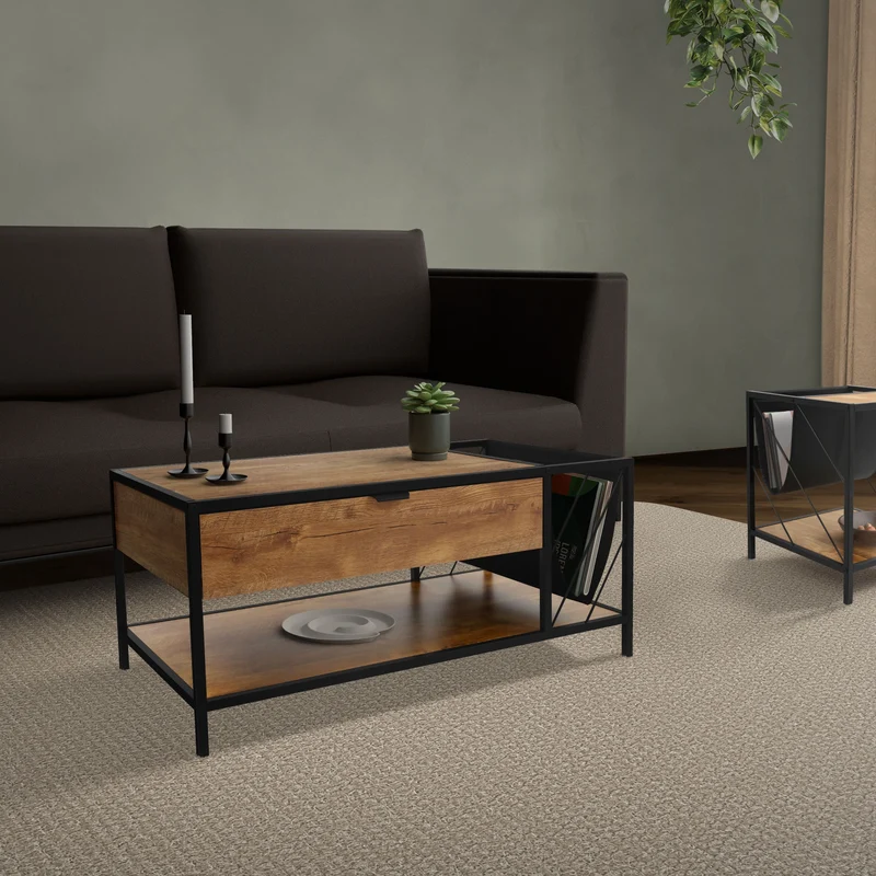Couchtisch 100x54 cm mit Zeitschriftenfach Eiche Optik Braun Schwarz Wohnzimmertisch ML-Design