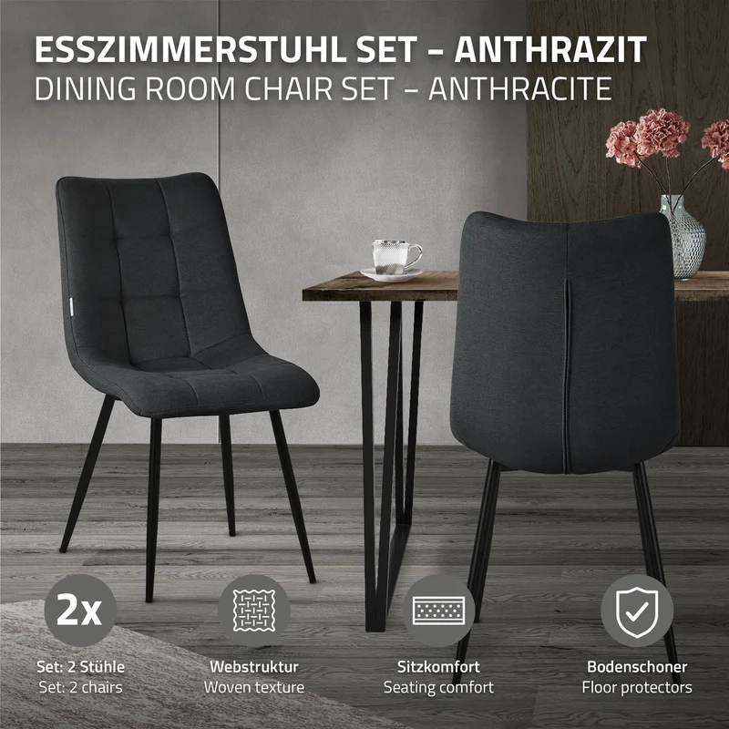 Esszimmerstühle 2er Set Anthrazit Küchenstuhl mit Polyesterbezug und Stahlbeinen ML-Design