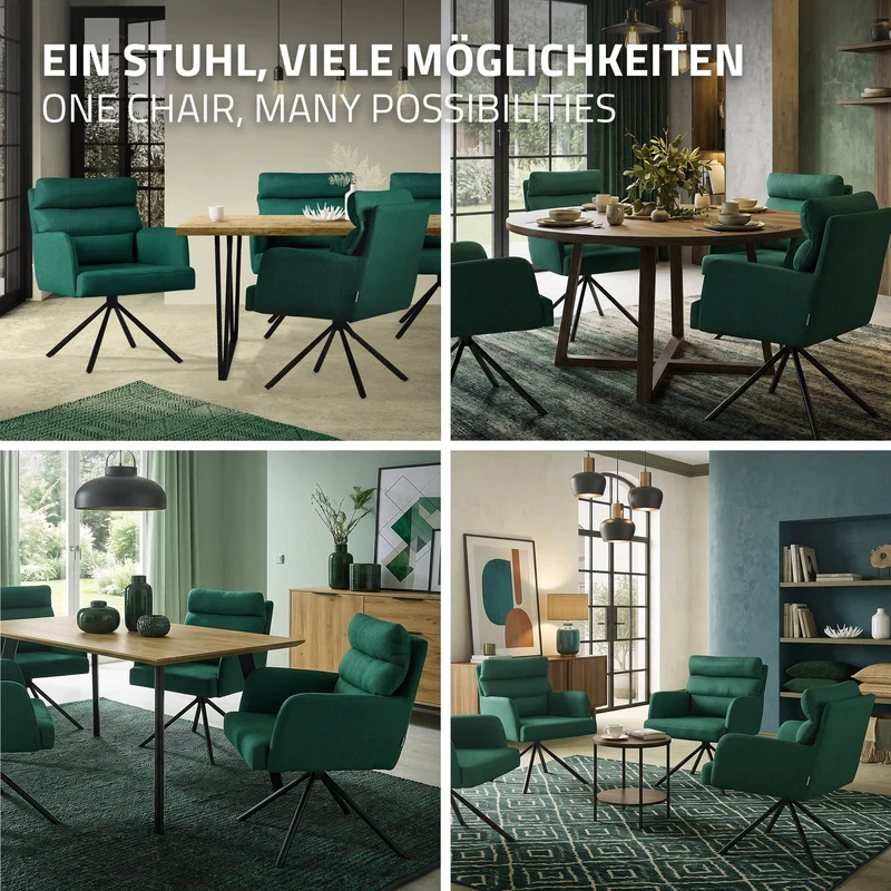 Esszimmerstuhl 6er Set Dunkelgrün drehbar mit abnehmbaren Rückenkissen gepolstert bis 120 Kilogramm ML-Design