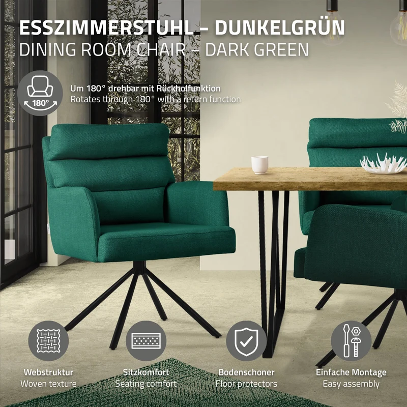 Esszimmerstuhl 4er Set Dunkelgrün drehbar mit abnehmbaren Rückenkissen gepolstert bis 120 Kilogramm ML-Design