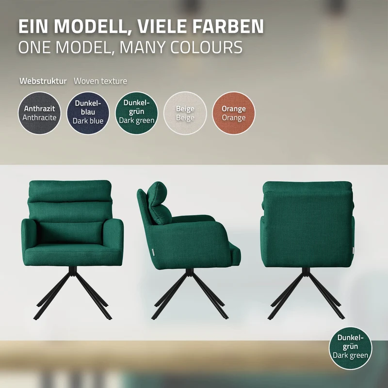 Esszimmerstuhl 4er Set Dunkelgrün drehbar mit abnehmbaren Rückenkissen gepolstert bis 120 Kilogramm ML-Design