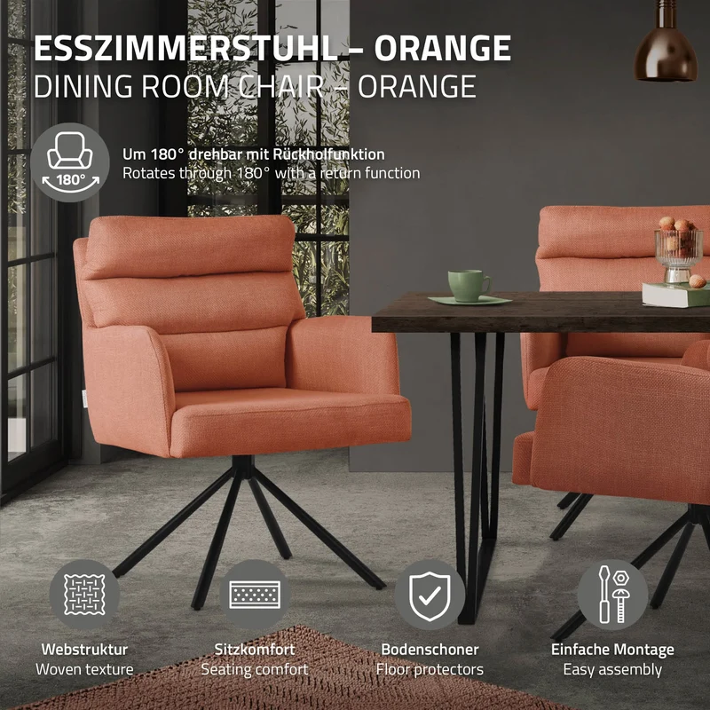 Esszimmerstuhl 4er Set Orange drehbar mit abnehmbaren Rückenkissen gepolstert bis 120 Kilogramm ML-Design