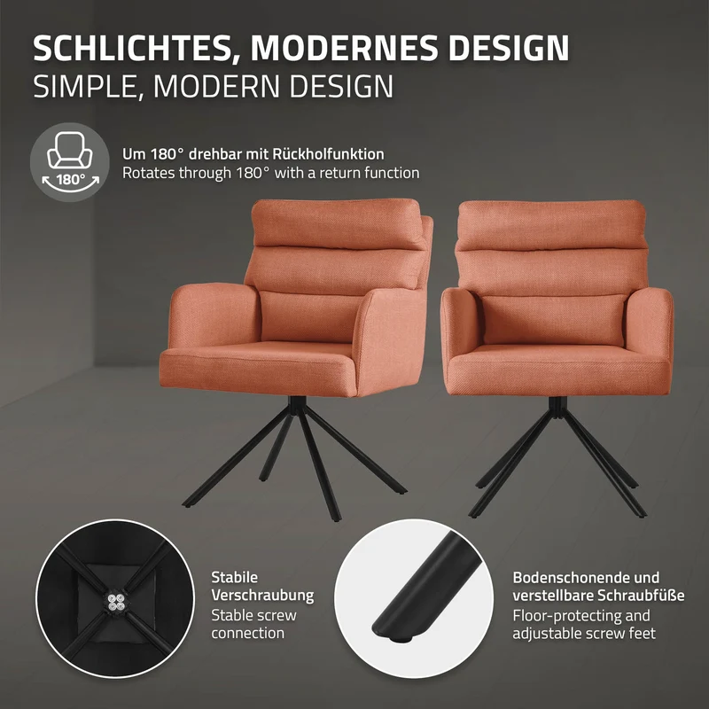 Esszimmerstuhl 4er Set Orange drehbar mit abnehmbaren Rückenkissen gepolstert bis 120 Kilogramm ML-Design
