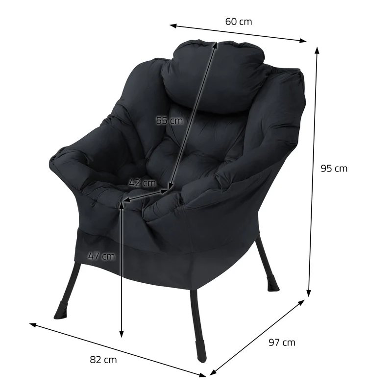 ML-DESIGN | Sessel mit Kopfkissen Seitentasche aus Stoff & Stahl Schwarz Relaxsessel Wohnzimmer Lesesessel Fernsehsessel Loungesessel Polstersessel