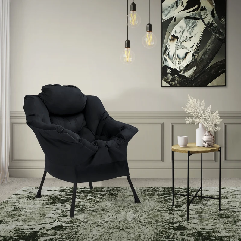 ML-DESIGN | Sessel mit Kopfkissen Seitentasche aus Stoff & Stahl Schwarz Relaxsessel Wohnzimmer Lesesessel Fernsehsessel Loungesessel Polstersessel