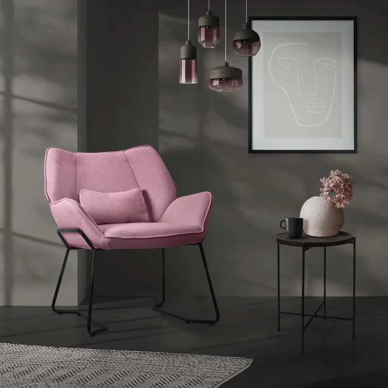 ML-DESIGN | Sessel mit Lendenkissen 75x77x85 cm Leinenstoff Rosa Relaxsessel Loungesessel Cocktailsessel Polstersessel Lesesessel für Wohnzimmer
