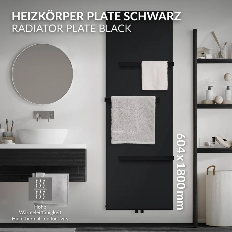 Badheizkörper flach Einlagig 1800x604 mm Schwarz matt mit Mittelanschluss inkl. 3x Handtuchhalter LuxeBath
