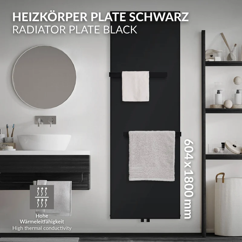 Badheizkörper flach Einlagig 1800x604 mm Schwarz matt mit Mittelanschluss inkl. 2x Handtuchhalter LuxeBath