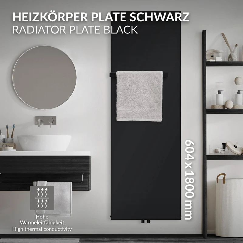 Badheizkörper flach Einlagig 1800x604 mm Schwarz matt mit Mittelanschluss inkl. 1x Handtuchhalter LuxeBath
