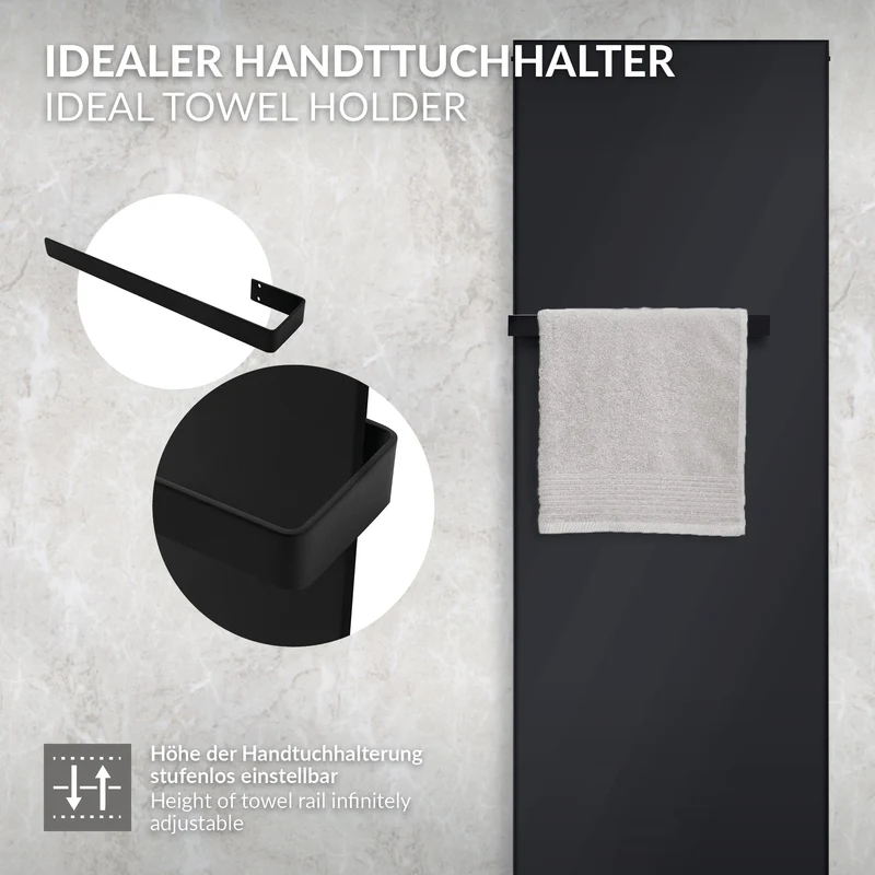 Badheizkörper flach Einlagig 1800x604 mm Schwarz matt mit Mittelanschluss inkl. 1x Handtuchhalter LuxeBath