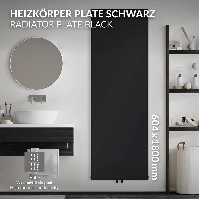 Badheizkörper Einlagig 1800x604 mm Schwarz matt mit Mittelanschluss LuxeBath