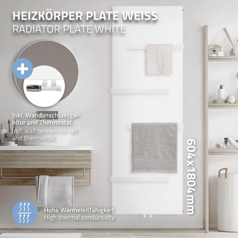 Badheizkörper 1800x604 mm Weiß mit Wand Anschlussgarnitur inkl. 4x Handuchhalter ML-Design