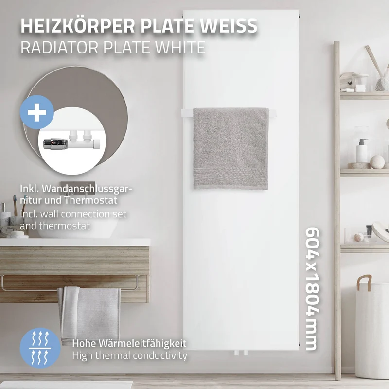 Badheizkörper 1800x604 mm Weiß mit Wand Anschlussgarnitur inkl. 1x Handuchhalter ML-Design