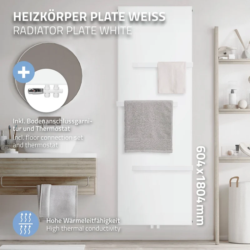 Badheizkörper 1800x604 mm Weiß mit Boden Anschlussgarnitur inkl. 3x Handuchhalter ML-Design